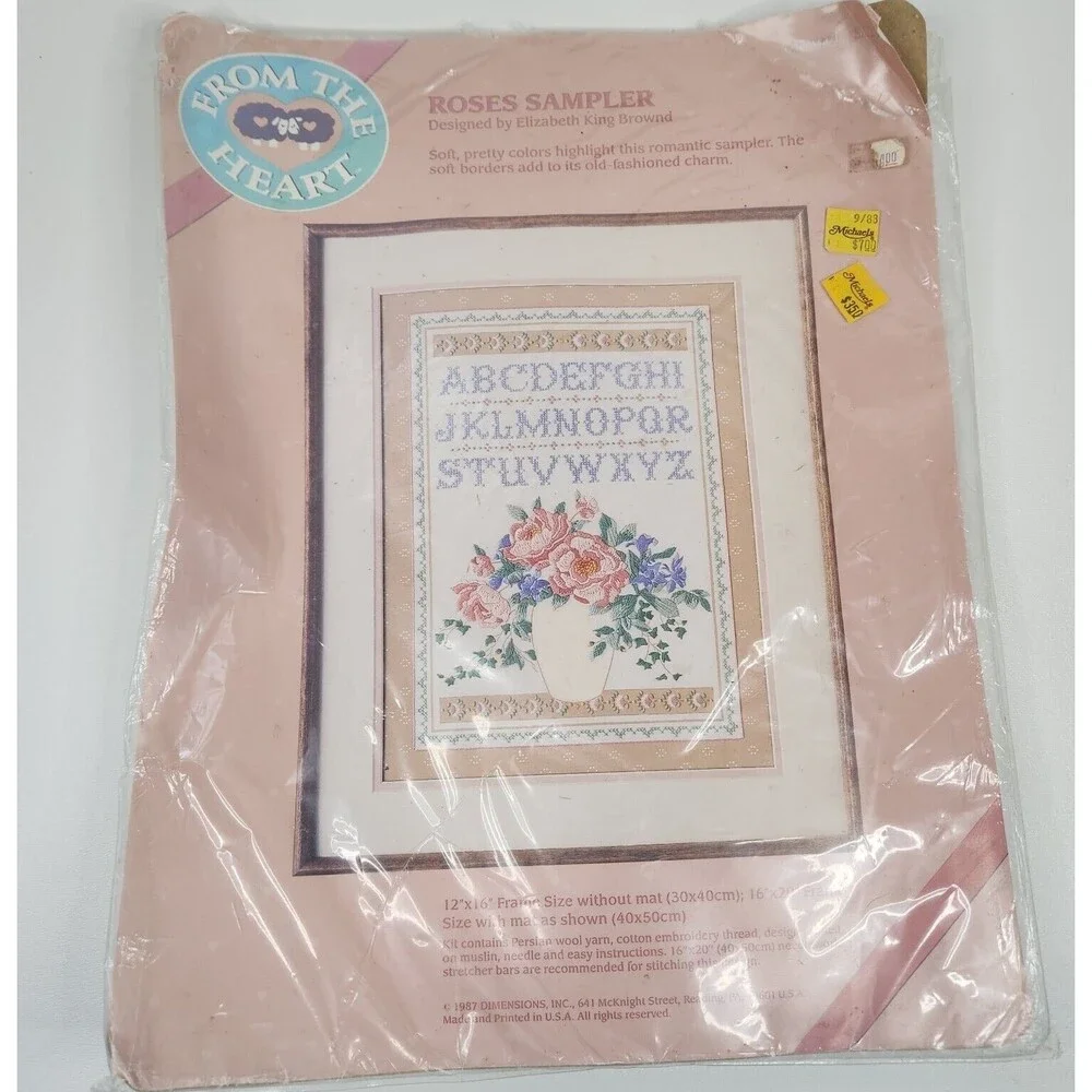 VTG 1987 Dimensions From The Heart Rose Alphabet Sampler Cross Stitch Kit